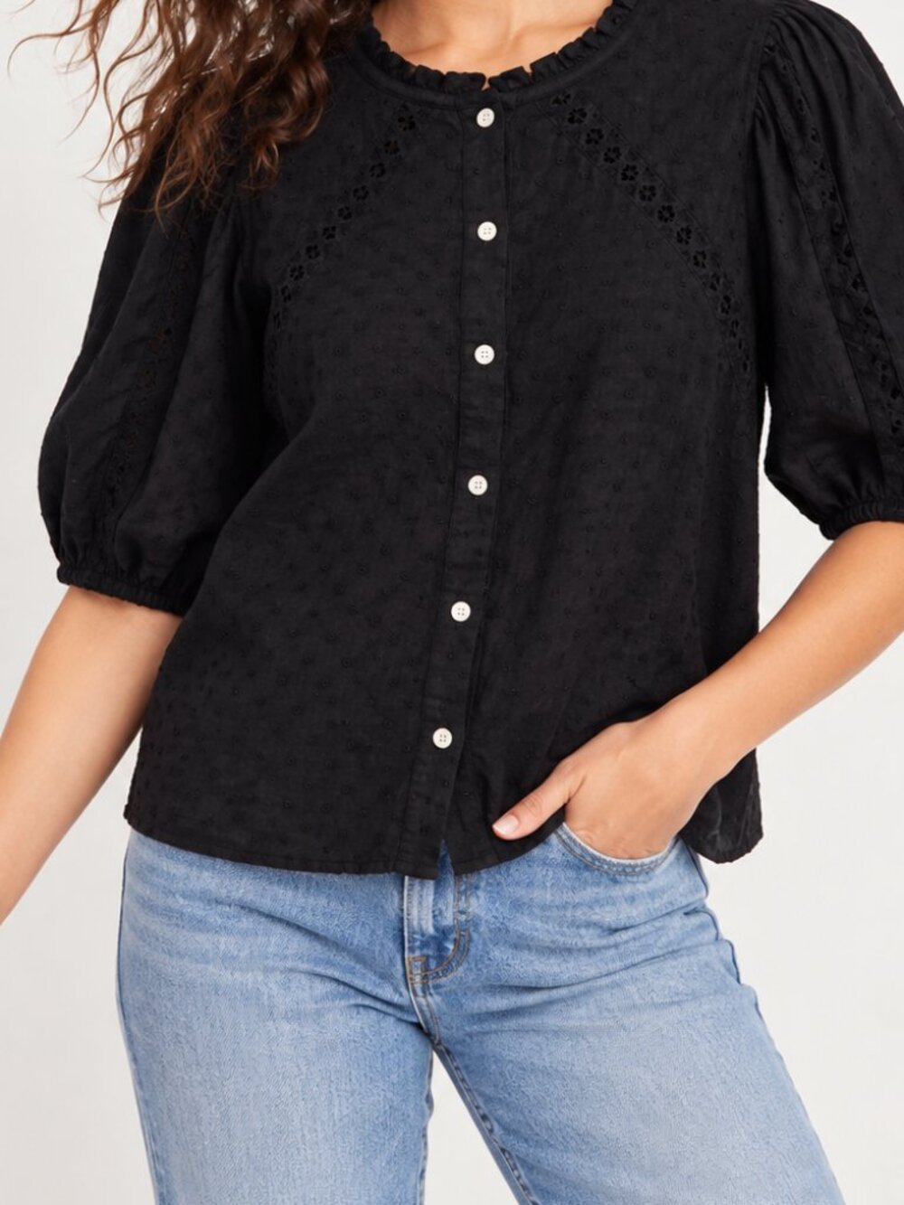 Old Navy Black Eyelet Puff Sleeve Button-Front Blouse Women’s Medium